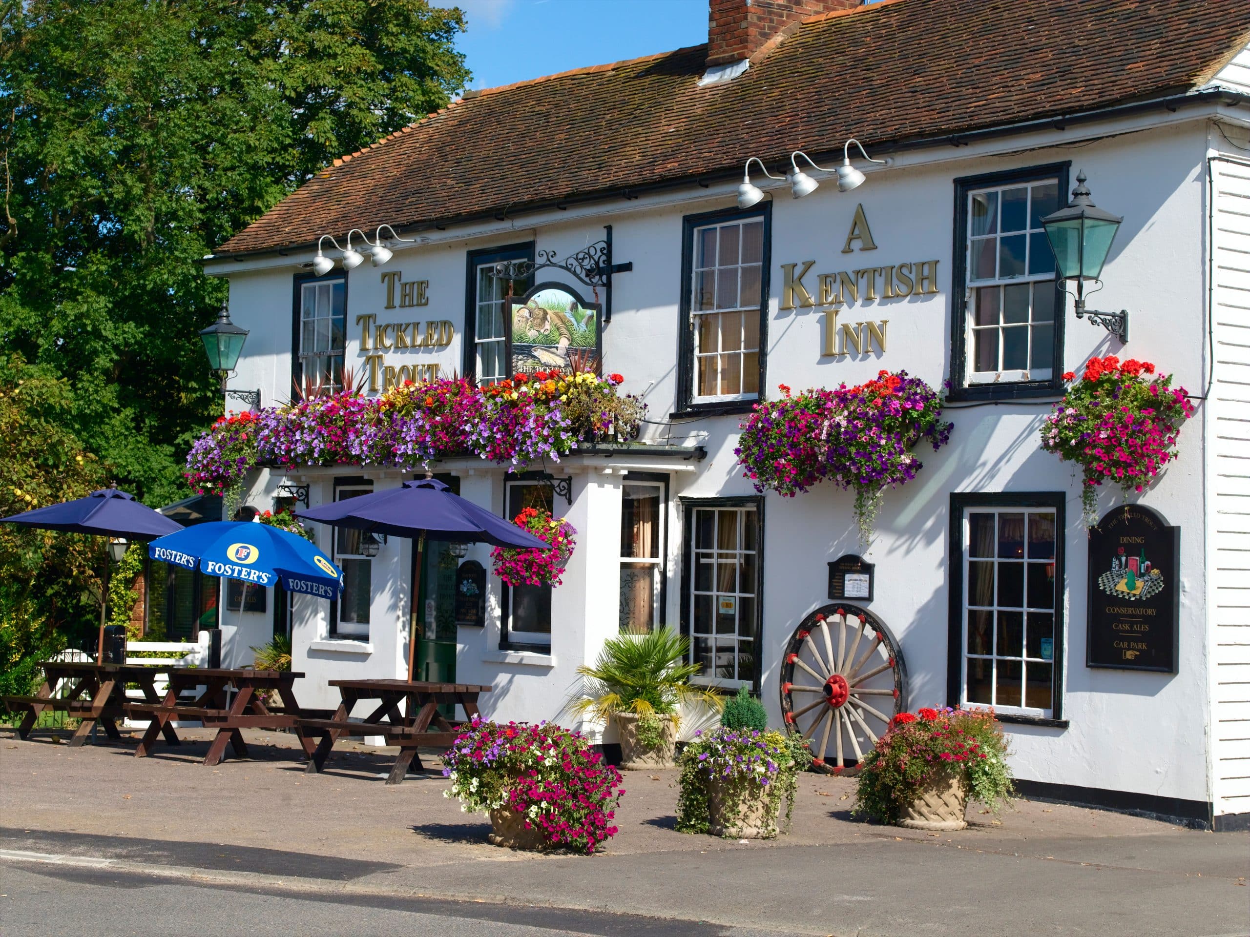 'A Kentish Inn' called 'The Tickled Trout' in Wye. A white pub with colourful flowers growing outside.