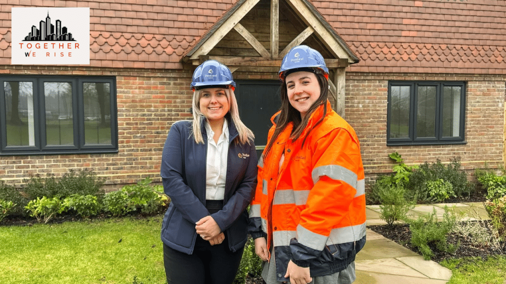 Two ladies in PPE stood Infront of a new build property. 