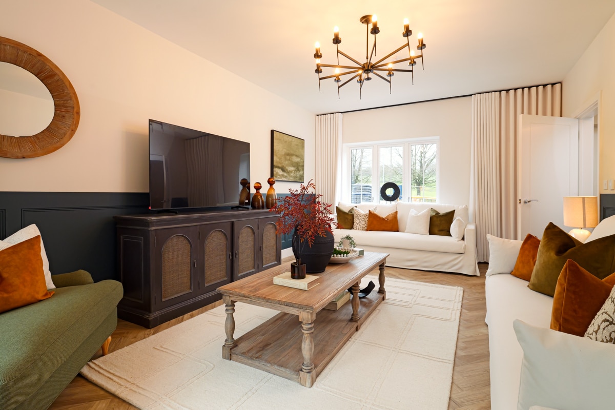 Living room of The Ryarsh Show Home at The Fairways new home development.