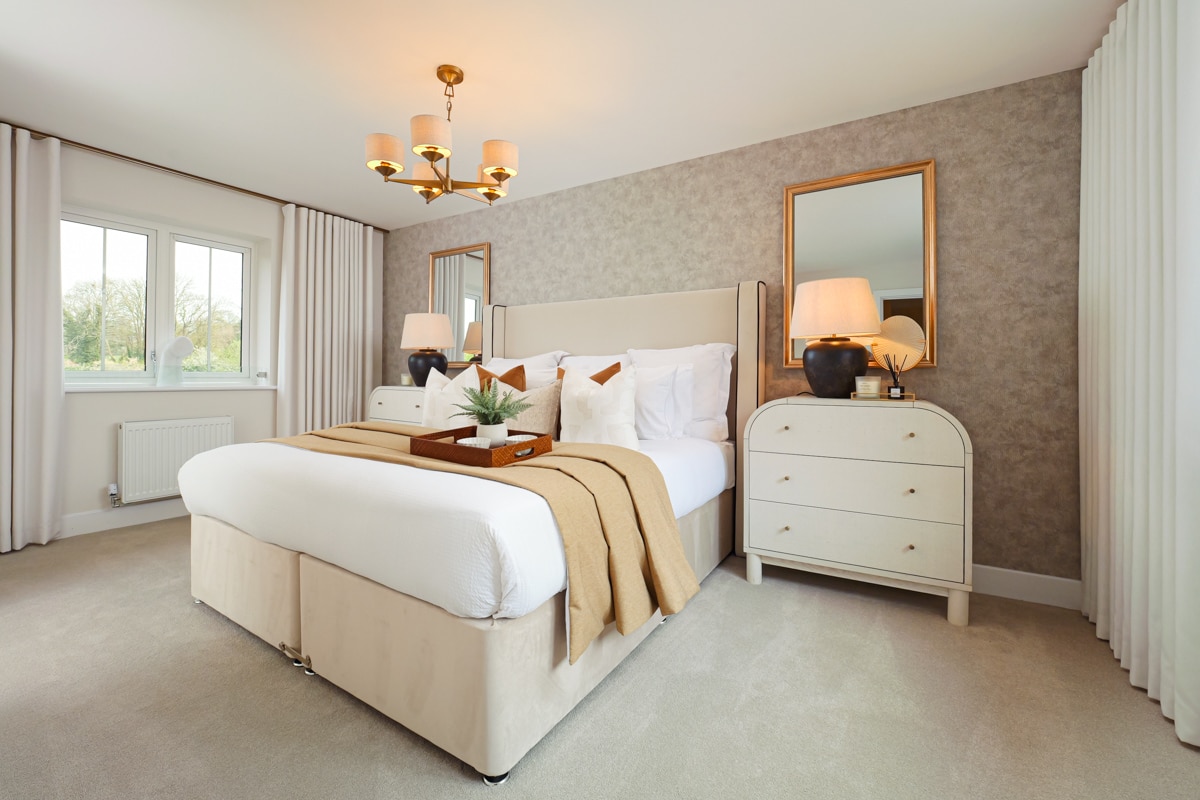 Master Bedroom of the Ryarsh show home at The Fairways by Pentland Homes.