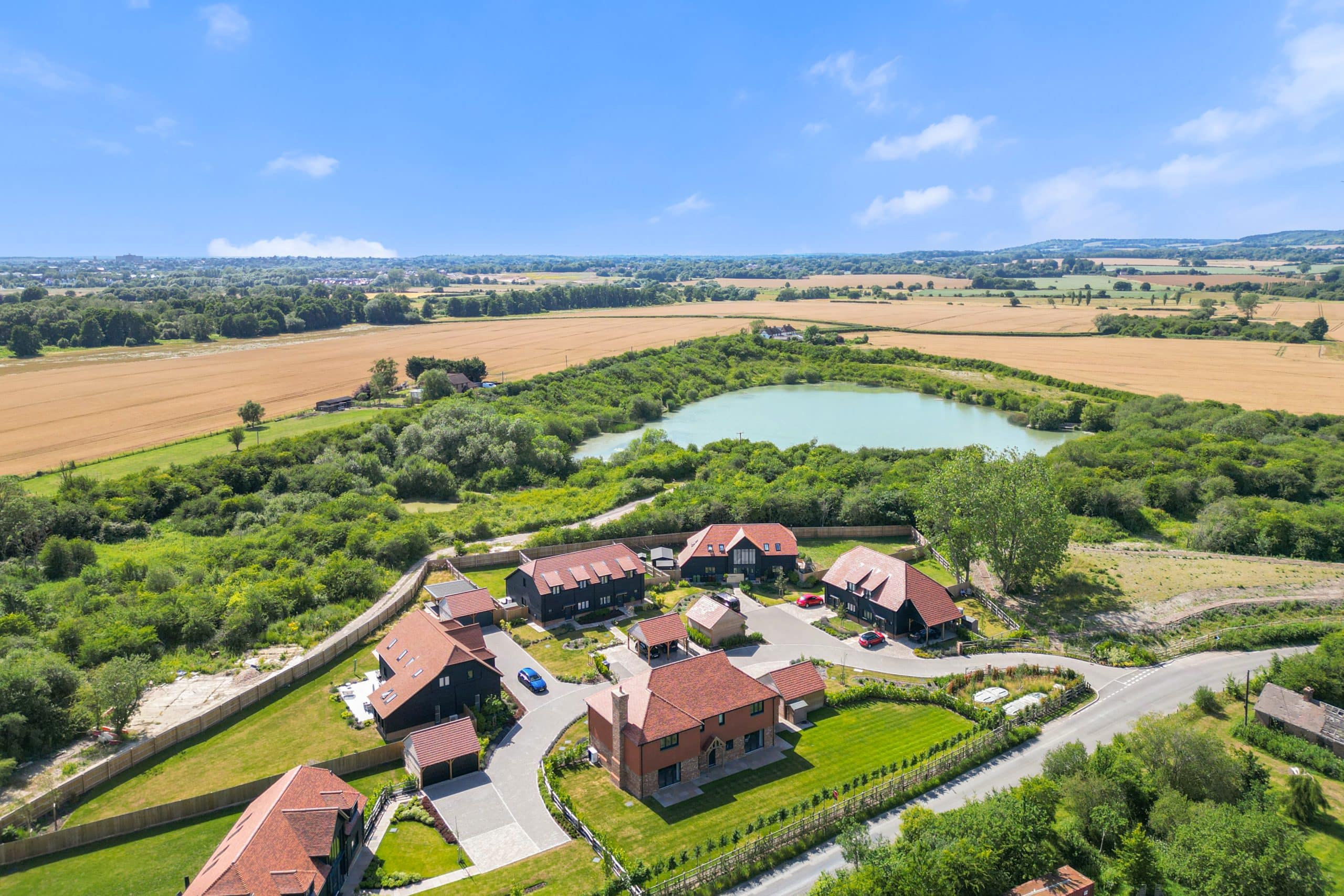 A birds eye view of the barns at wye development in Wye, Kent.