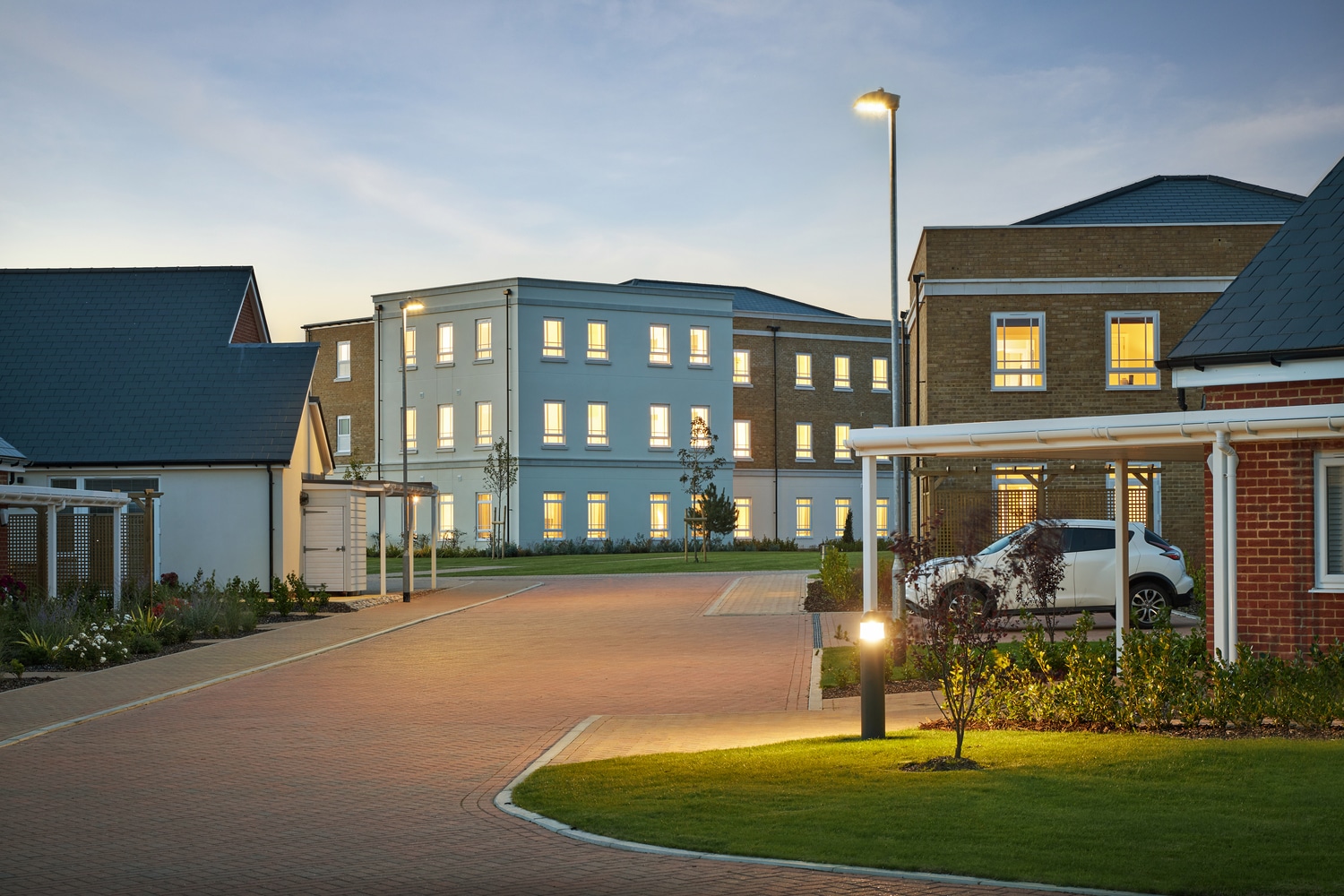 Terlingham Gardens retirement village at dusk.